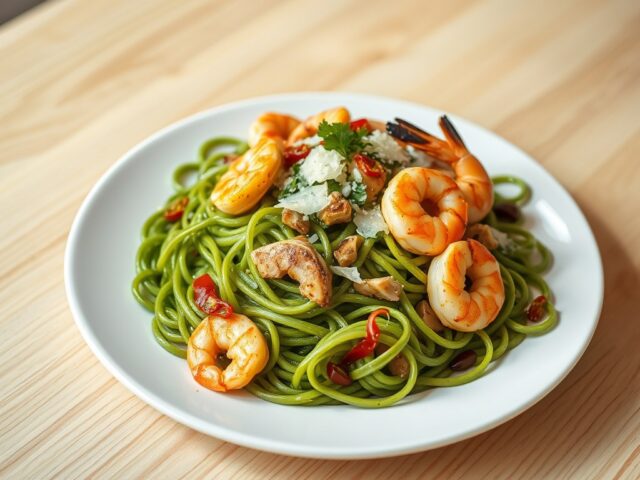 Pasta Verde con Pollo e Gamberi