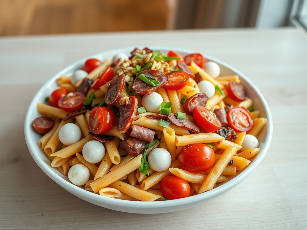 Pastamaaltijdsalade, AI-gegenereerde illustratie