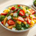 Pastasalade met aardbeien, cervelaat en ananas