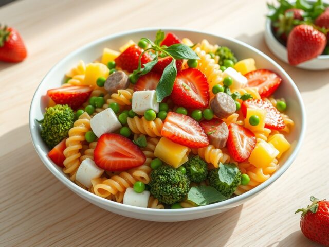 Pastasalade met aardbeien, cervelaat en ananas