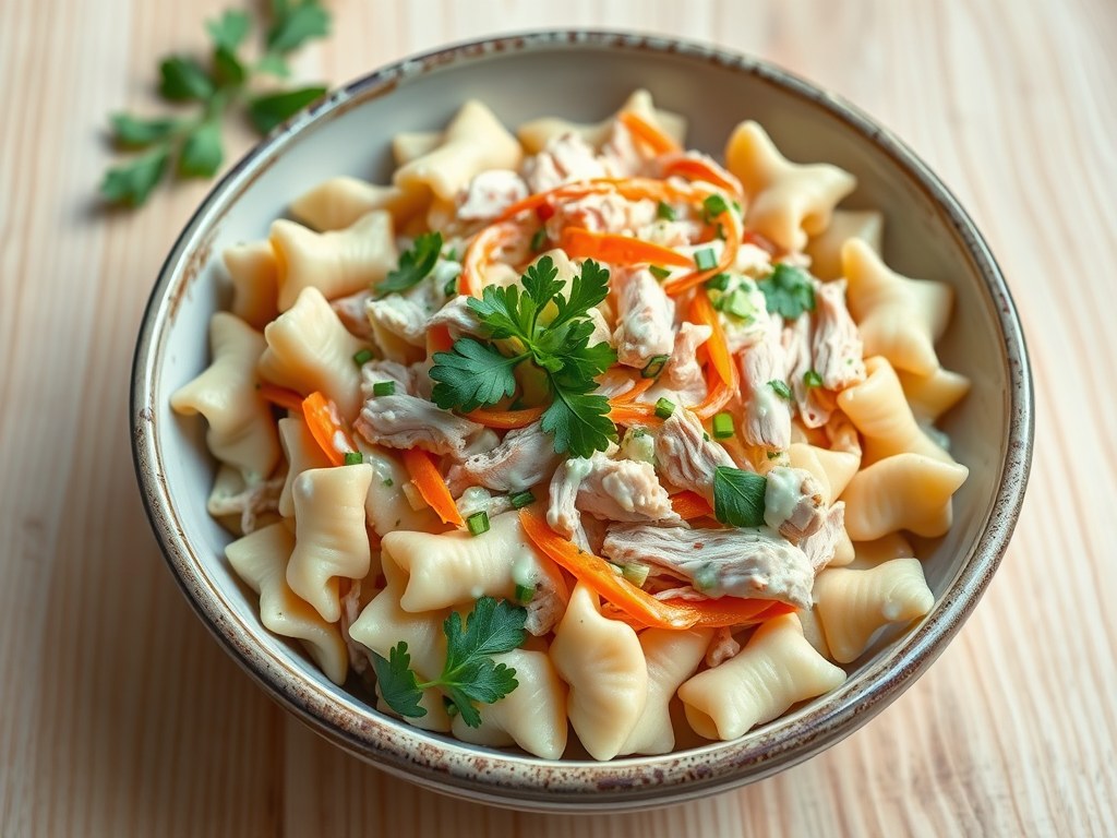 Pastasalade met gerookte kip, AI-gegenereerde illustratie