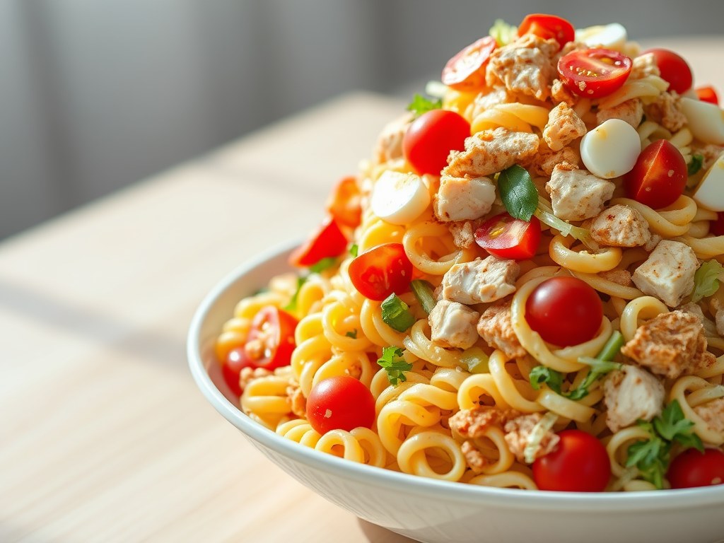 Pastasalade met gerookte kip, AI-gegenereerde illustratie