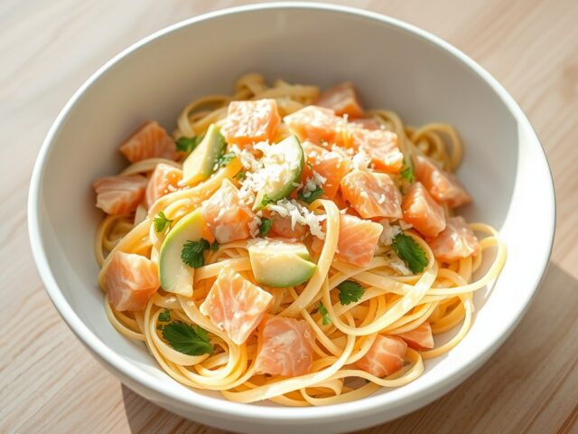 Pastasalade met gerookte zalm, avocado en witlof