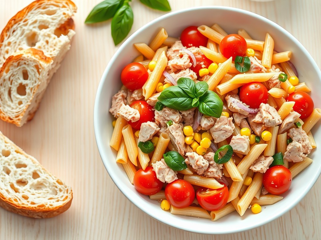 Pastasalade met tonijn & basilicum, AI-gegenereerde illustratie