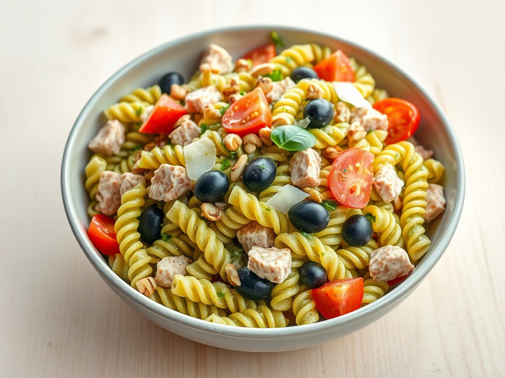 Pastasalade met tonijn, tomaat en pesto, AI-gegenereerde illustratie