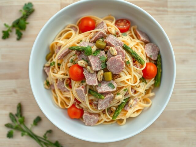 Pastaslaatje met pekelvlees en italiaanse dressing