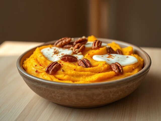 Pastinaak pompoen stamppot met chili, pecannoten en mozzarella