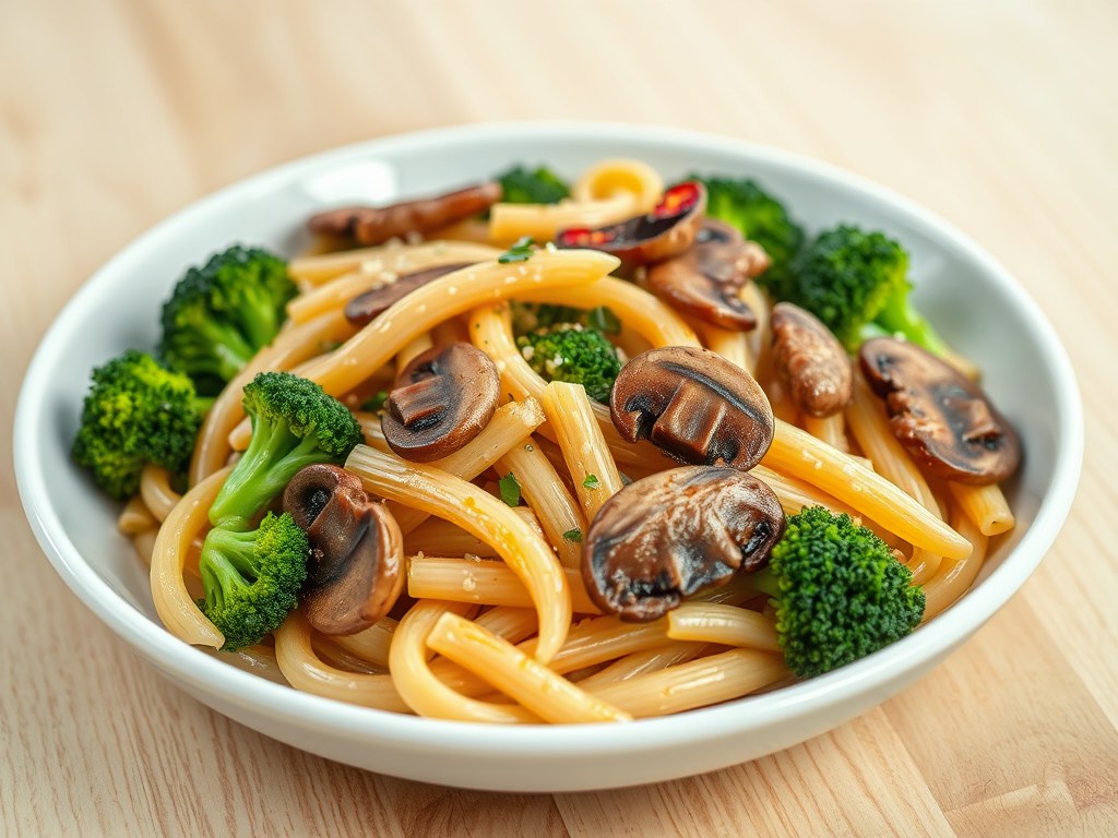 Penne met broccoli, champignons en ansjovis, AI-gegenereerde illustratie