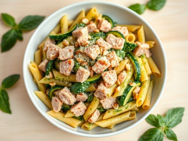 Penne met tonijn, courgette, basilicumpesto en pijnboompitten