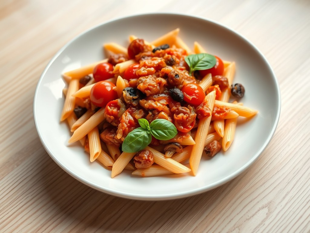 Penne met zoete tomatensaus, AI-gegenereerde illustratie
