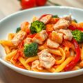 Penne pasta met broccoli en paprika met zalm en zongedroogde tomatensaus