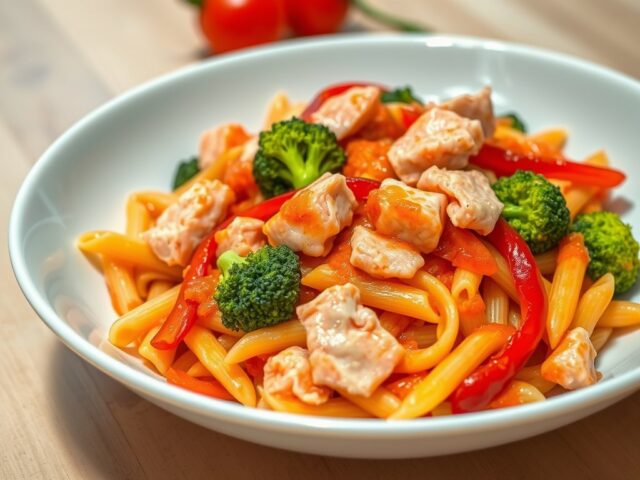 Penne pasta met broccoli en paprika met zalm en zongedroogde tomatensaus