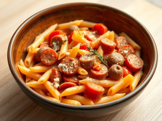 Pennepasta met gestoofde paprika en worstjes