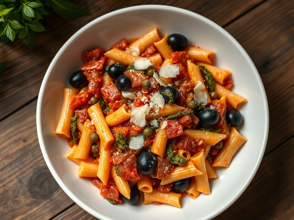 Pennette met tomatensaus, AI-gegenereerde illustratie