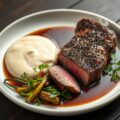Pepersteak met lookmousseline, zoetzuur witloof en waterkers