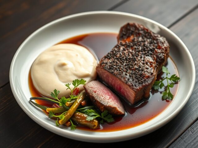 Pepersteak met lookmousseline, zoetzuur witloof en waterkers