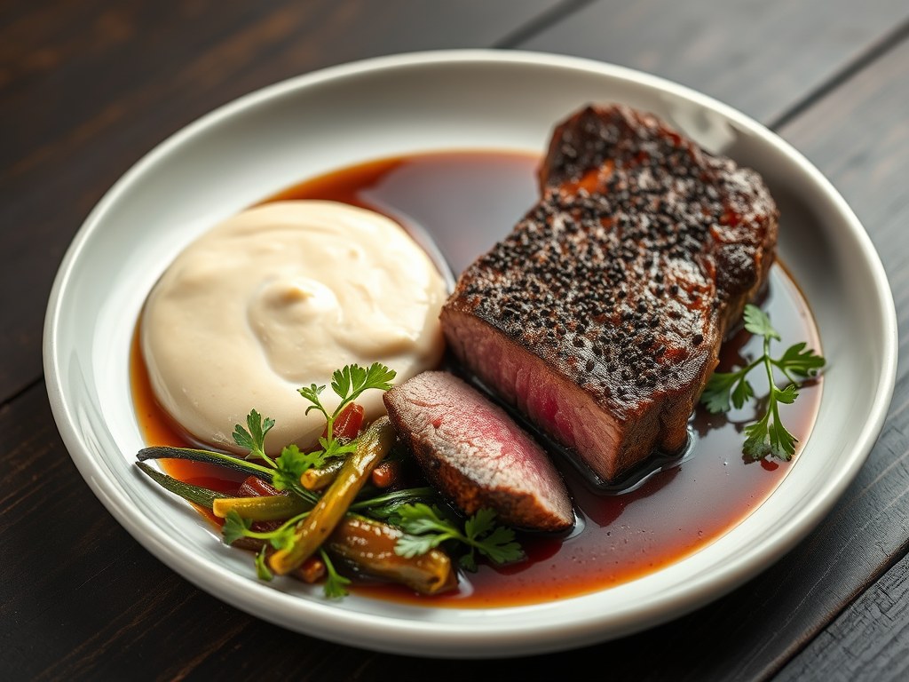 Pepersteak met lookmousseline, zoetzuur witloof en waterkers, AI-gegenereerde illustratie