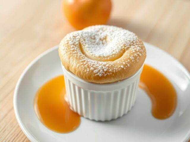 Perensoufflé met abrikozensaus