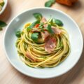 Pestospaghetti met rucola en krokante ham