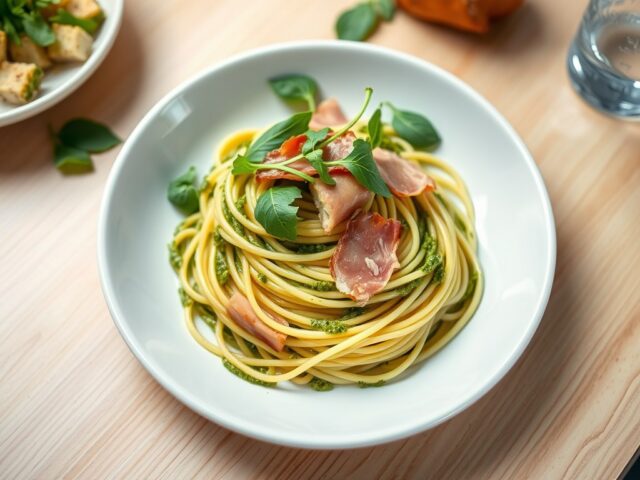 Pestospaghetti met rucola en krokante ham