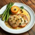 Piccata al limone met aardappeltaart en groene asperges