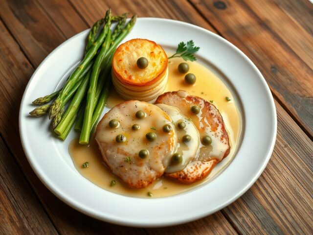 Piccata al limone met aardappeltaart en groene asperges
