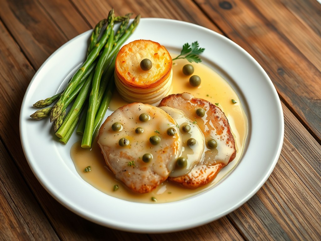 Piccata al limone met aardappeltaart en groene asperges, AI-gegenereerde illustratie