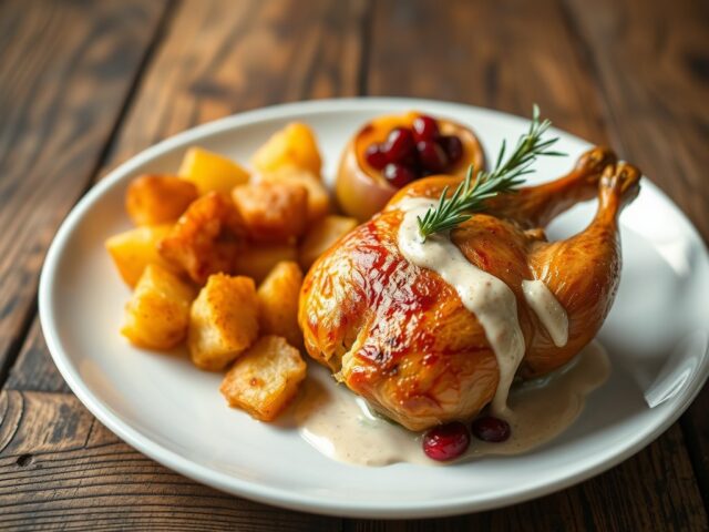 Piepkuiken met krok’pom en opgevulde appel
