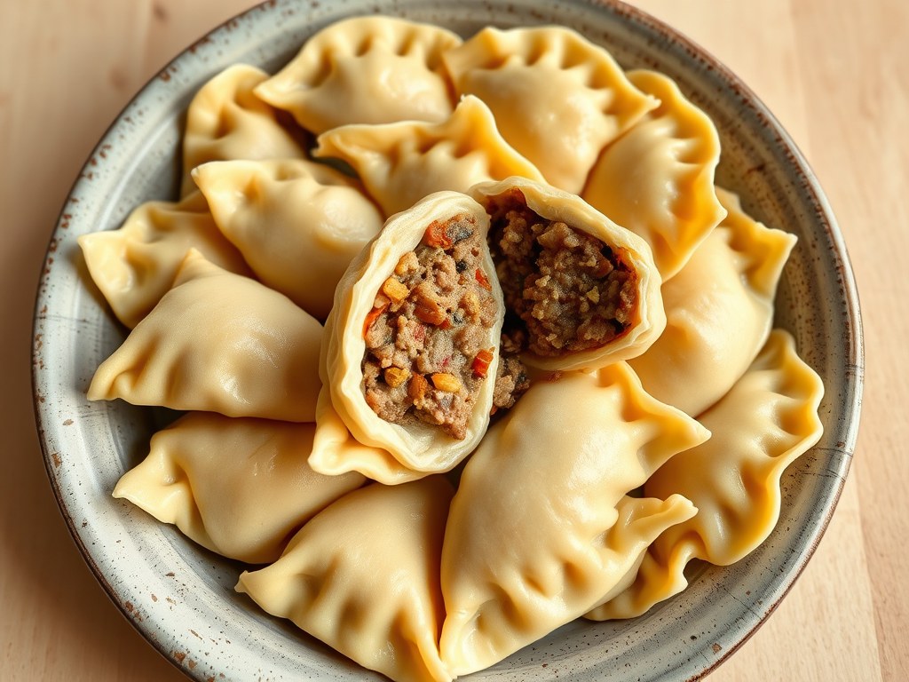 Pierogi met vlees vulling, AI-gegenereerde illustratie