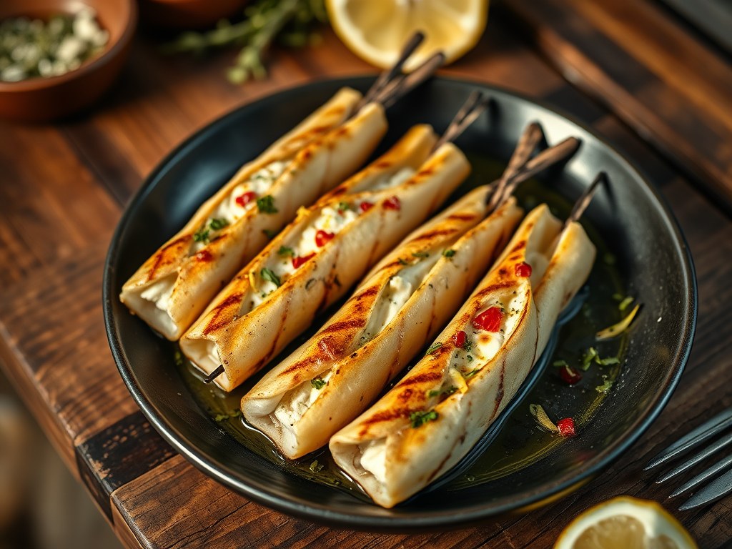 Pijlinktvis gevuld met feta en chilipeper calamare, AI-gegenereerde illustratie