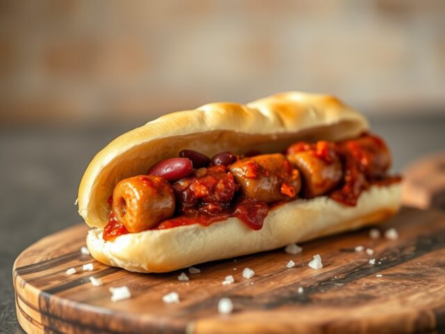Pistolet baquet gevuld met knakworst en chili con carne