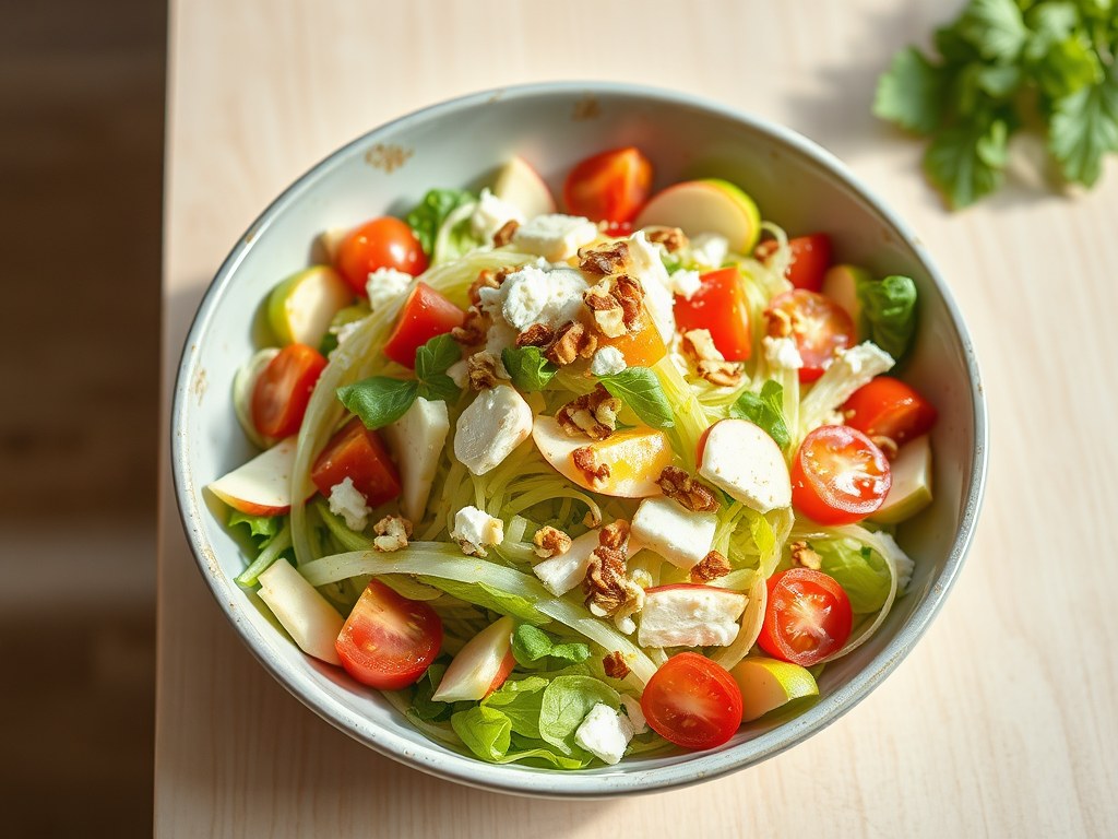 Pittige kaassalade, AI-gegenereerde illustratie