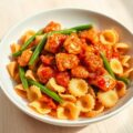 Pittige kip met sperzieboontjes en vlindermacaroni