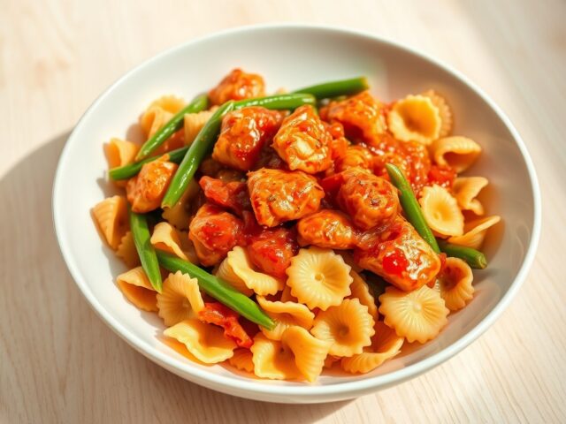 Pittige kip met sperzieboontjes en vlindermacaroni