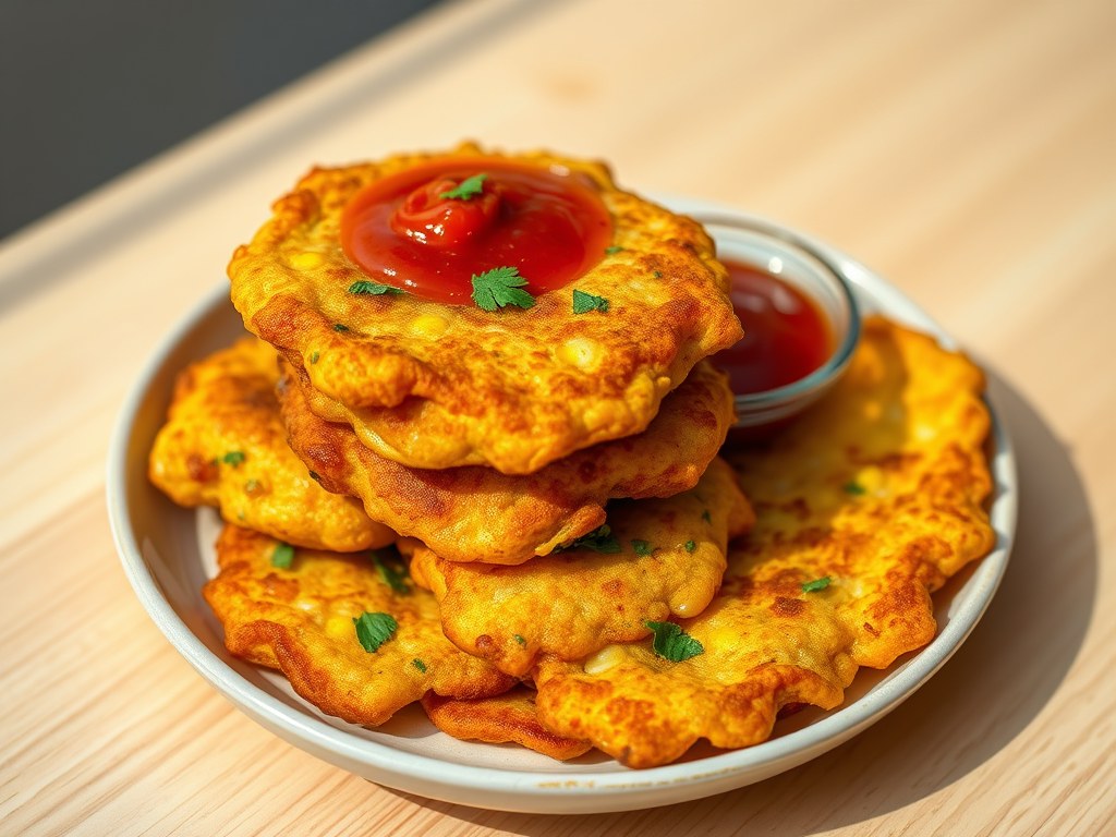 Pittige maiskoekjes met chilisaus, AI-gegenereerde illustratie