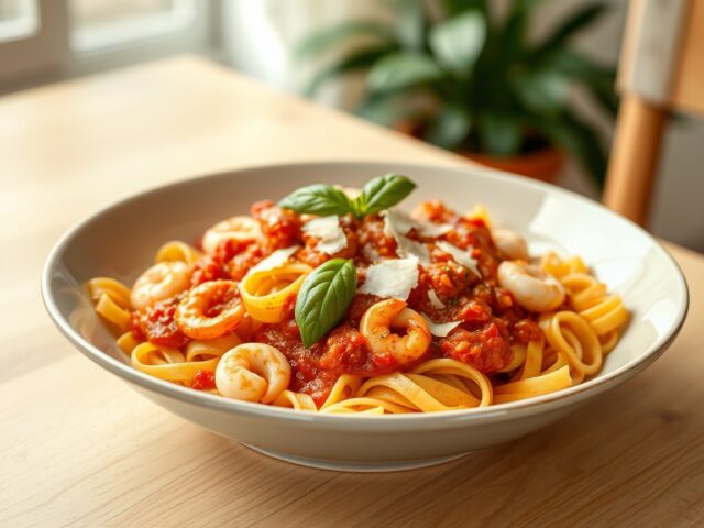 Pittige reuzenpasta met zeevruchten