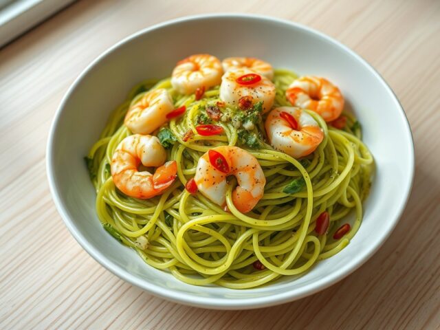 Pittige spaghetti met knoflookgarnalen en bosui-pesto