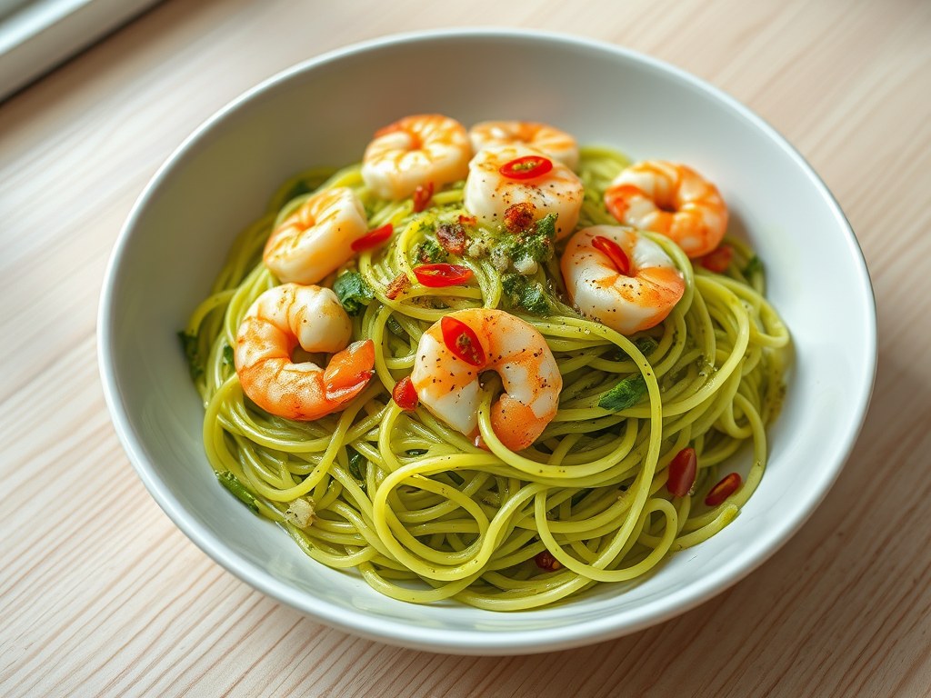 Pittige spaghetti met knoflookgarnalen en bosui-pesto, AI-gegenereerde illustratie