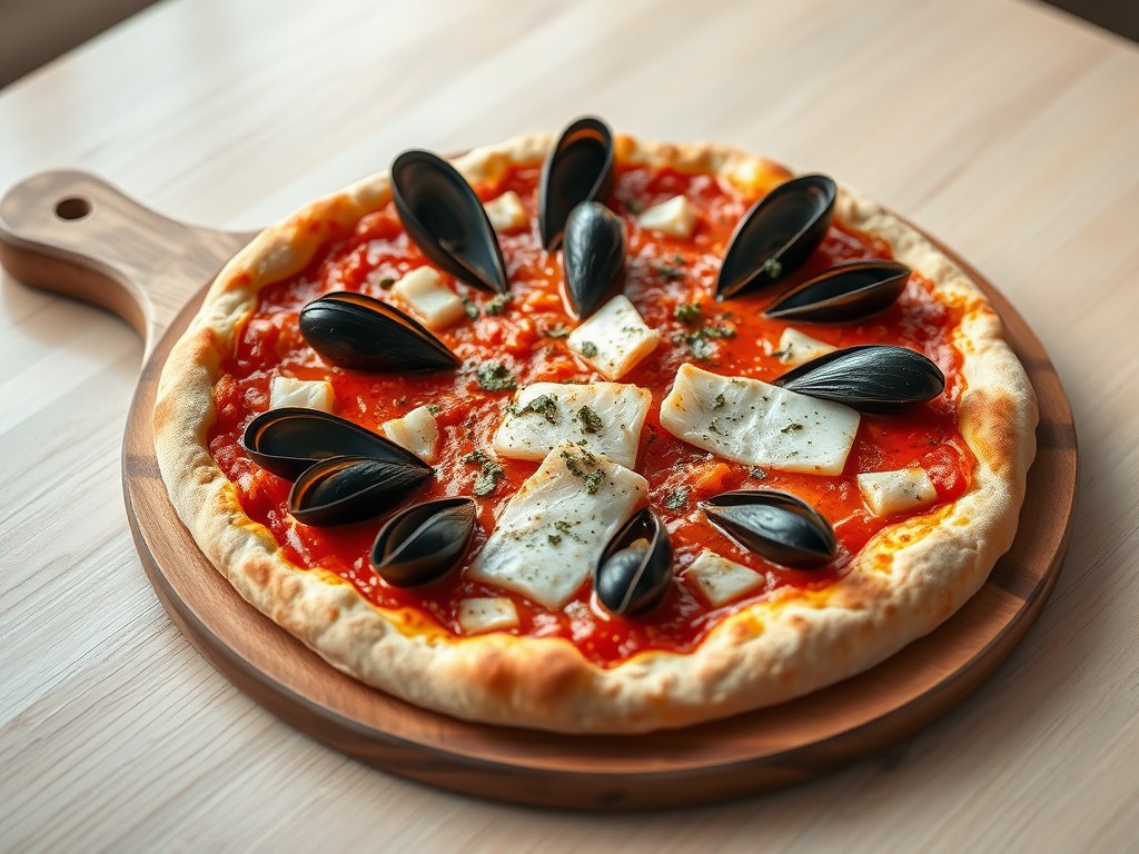 Pizza fruits de mer, AI-gegenereerde illustratie