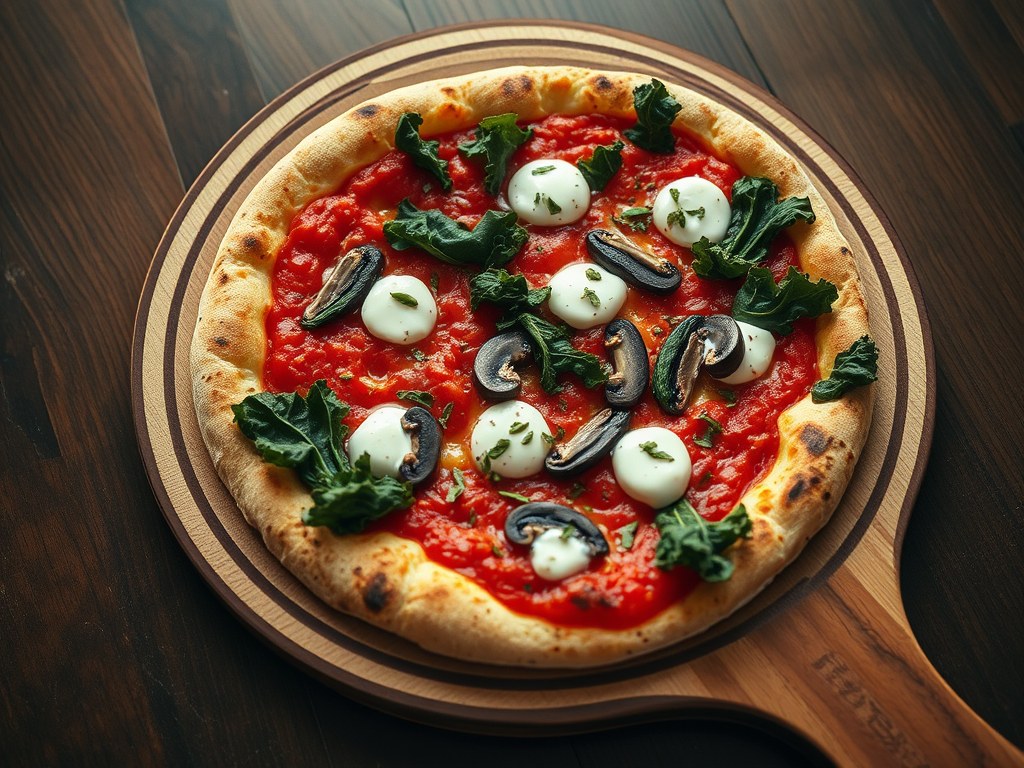 Pizza met boerenkool, champignons en ricotta, AI-gegenereerde illustratie