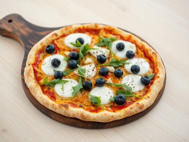 Pizza met gorgonzola, mozzarella en blauwe bosbessen