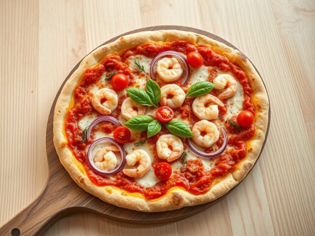 Pizza met scampi, ui en chilipepers