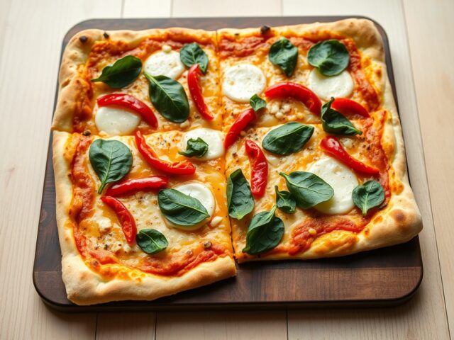 Plaatpizza met spinazie en twee soorten kaas