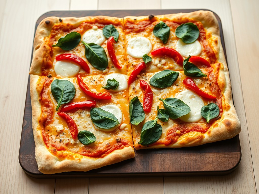Plaatpizza met spinazie en twee soorten kaas, AI-gegenereerde illustratie