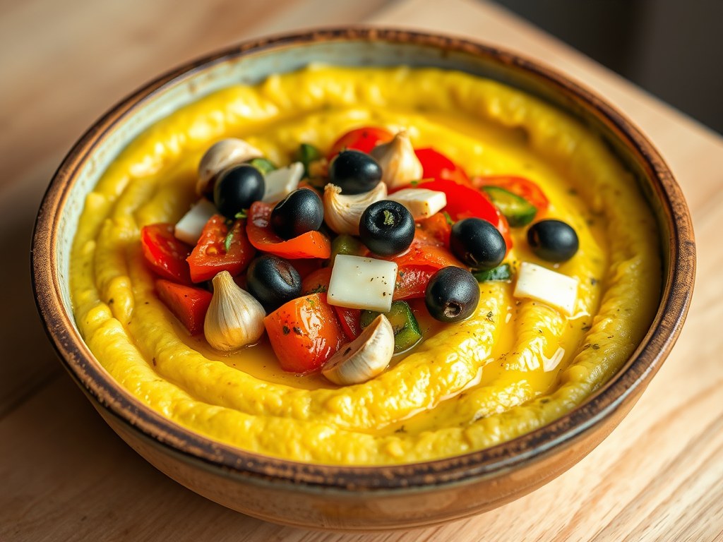 Polenta met groentjes, AI-gegenereerde illustratie