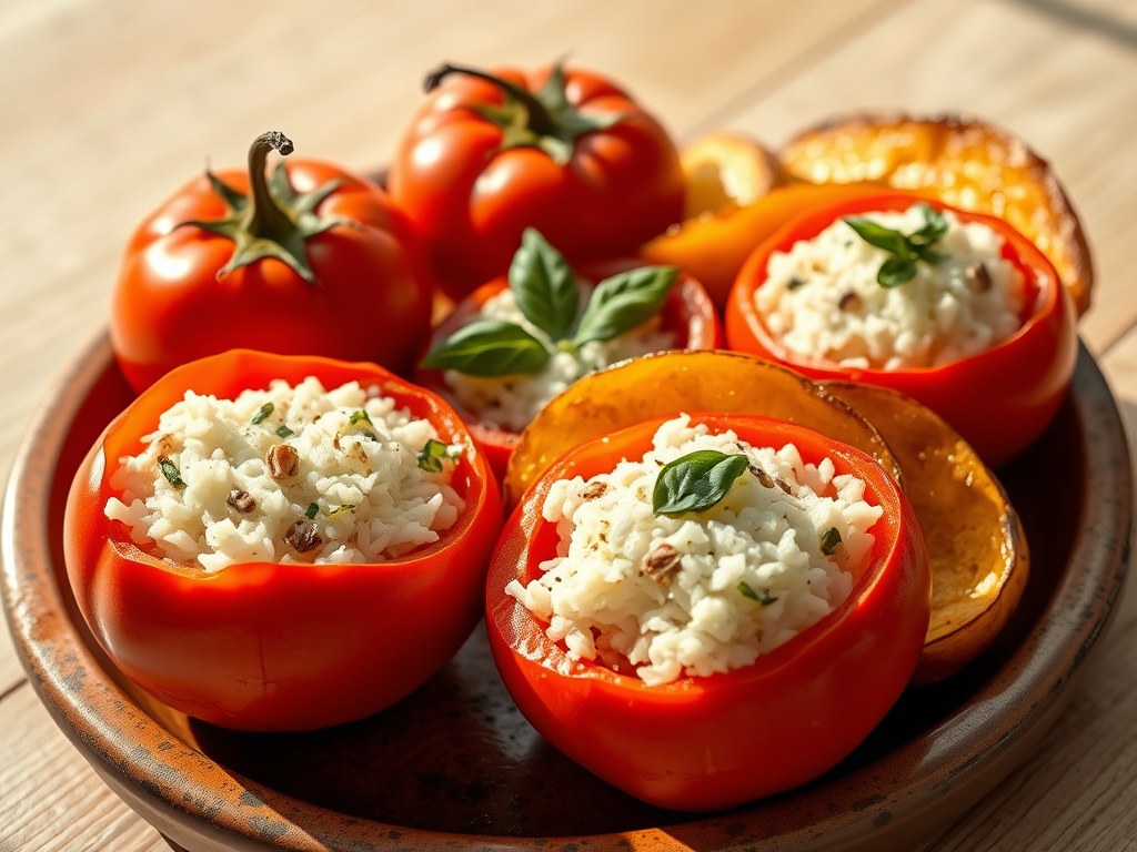 Pomodori al Riso (tomaten met rijst gevuld), AI-gegenereerde illustratie