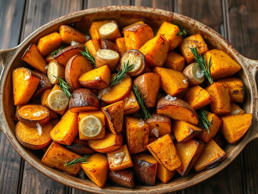 Pompoen en aardappels uit de oven, AI-gegenereerde illustratie