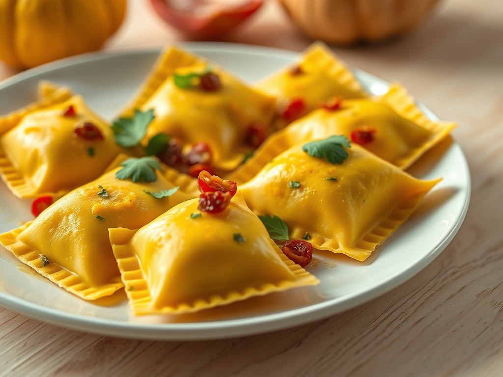 Pompoen ravioli, AI-gegenereerde illustratie