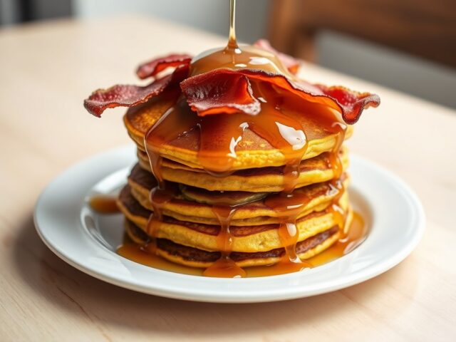 Pompoenpannenkoekjes met spek en ahornsiroop