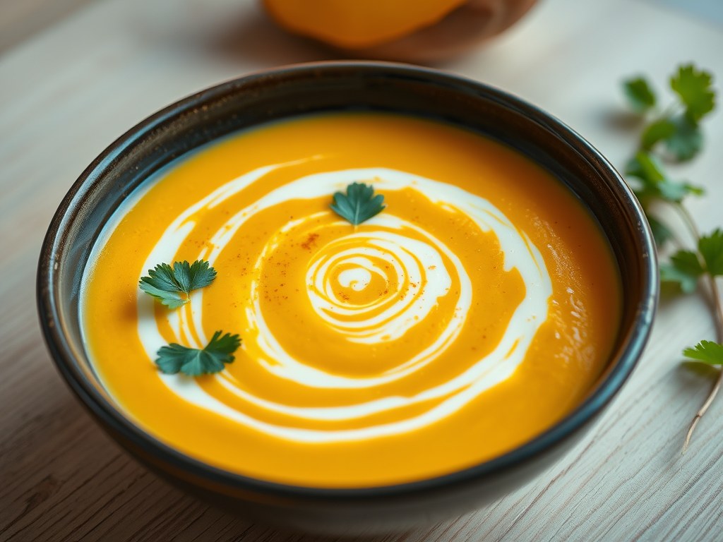 Pompoensoep met een Thaise Draai, AI-gegenereerde illustratie